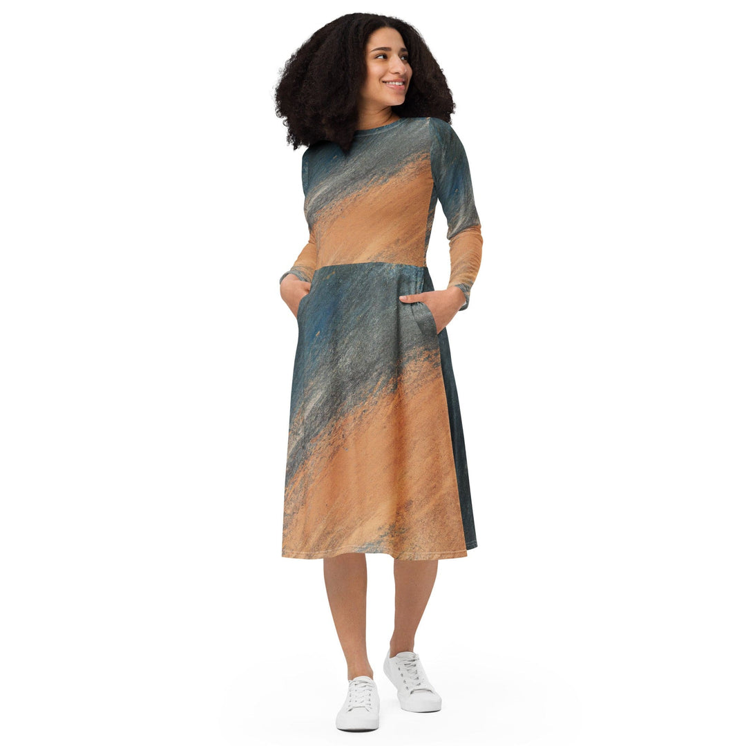 Womens Long Sleeve Midi Dress Blue Orange Abstract Pattern - Womens | Dresses