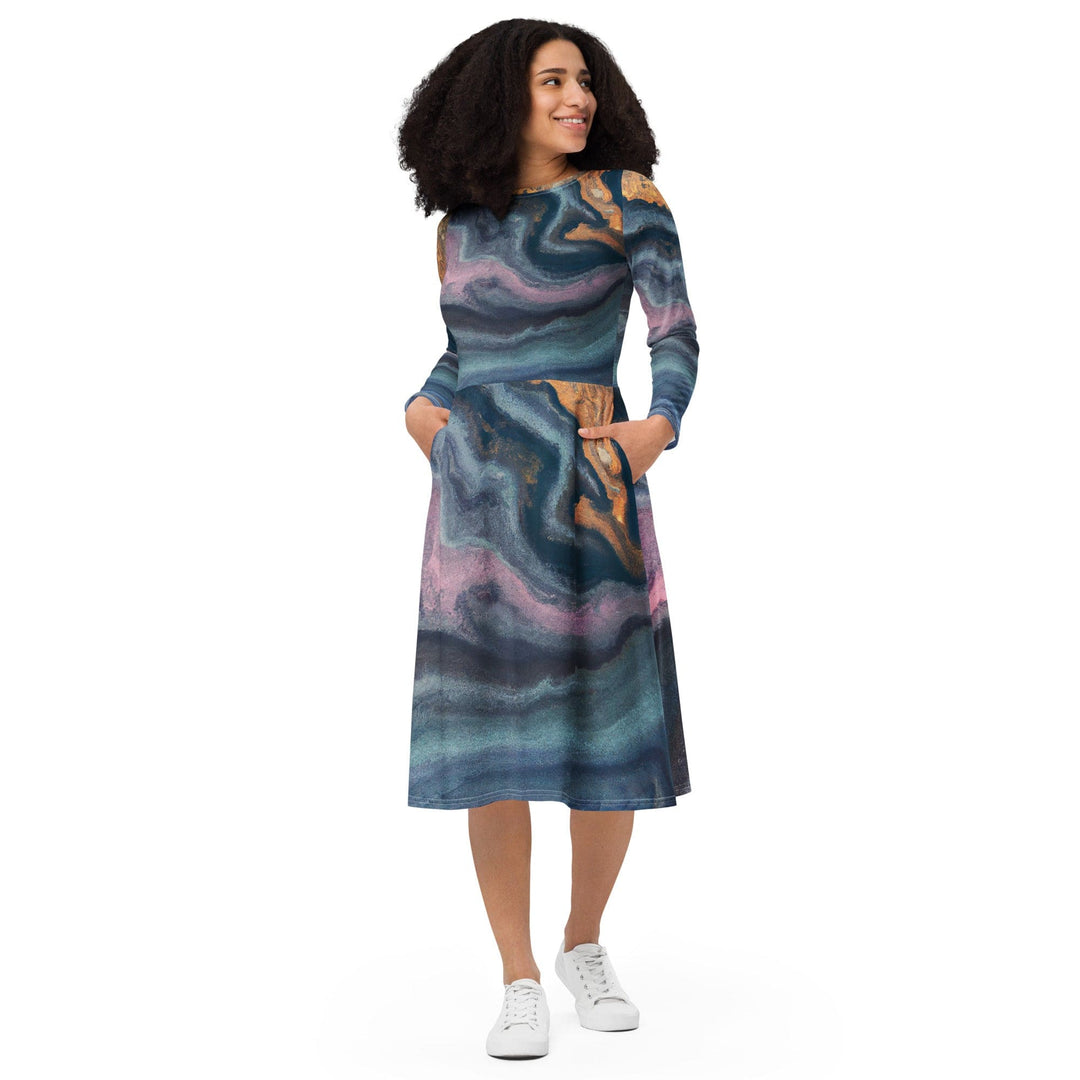 Womens Long Sleeve Midi Dress Blue Pink Marble Swirl Print - Womens | Dresses