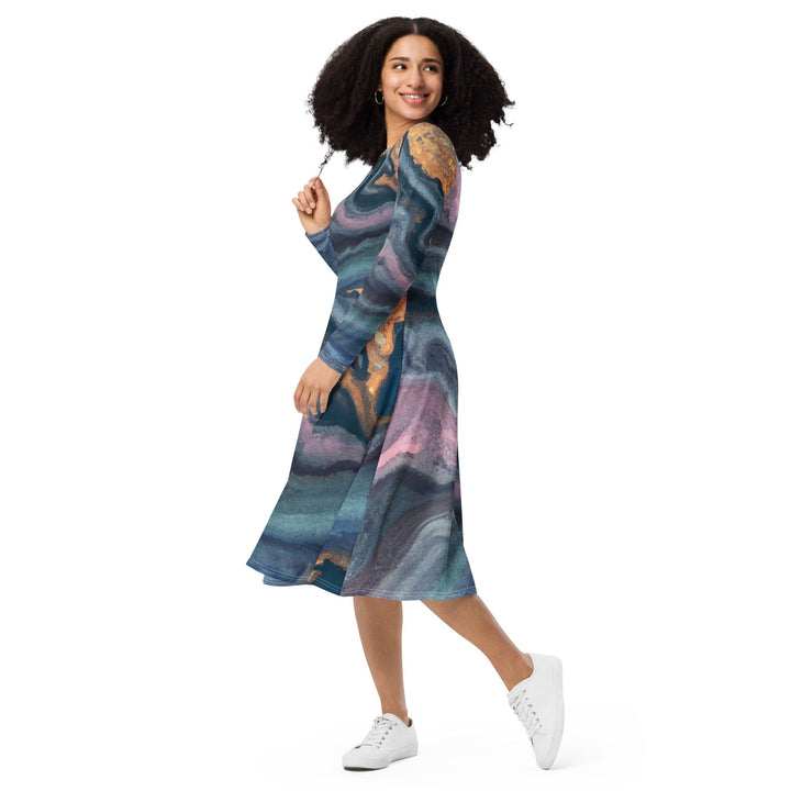 Womens Long Sleeve Midi Dress Blue Pink Marble Swirl Print - Womens | Dresses