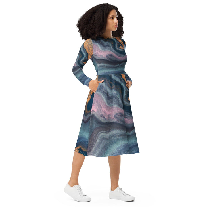 Womens Long Sleeve Midi Dress Blue Pink Marble Swirl Print - Womens | Dresses