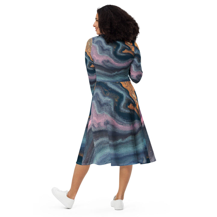 Womens Long Sleeve Midi Dress Blue Pink Marble Swirl Print - Womens | Dresses