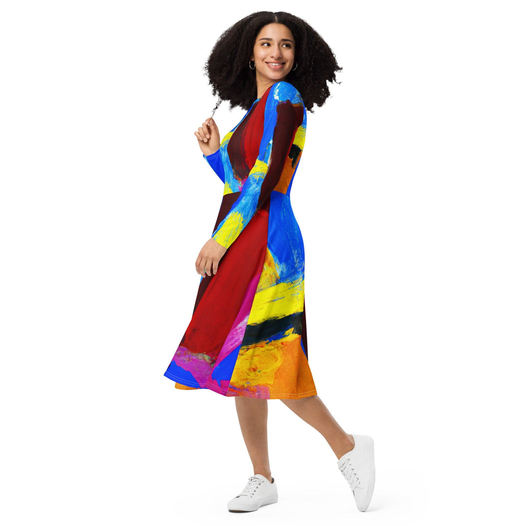 Womens Long Sleeve Midi Dress Blue Red Abstract Pattern - Womens | Dresses