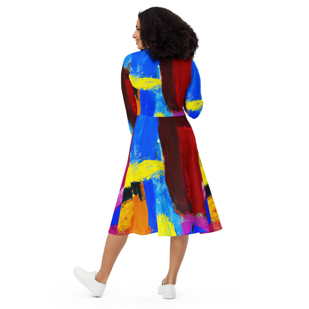 Womens Long Sleeve Midi Dress Blue Red Abstract Pattern - Womens | Dresses