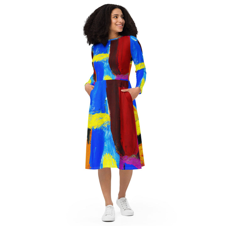 Womens Long Sleeve Midi Dress Blue Red Abstract Pattern - Womens | Dresses