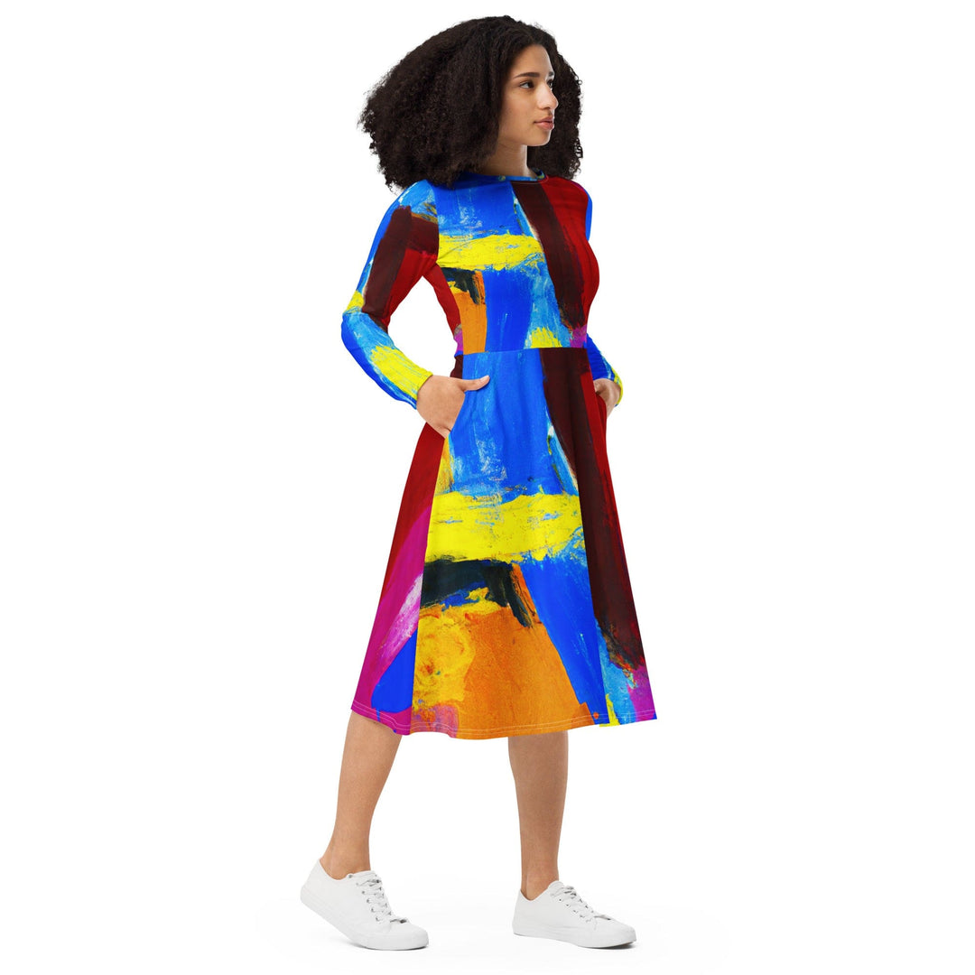 Womens Long Sleeve Midi Dress Blue Red Abstract Pattern - Womens | Dresses