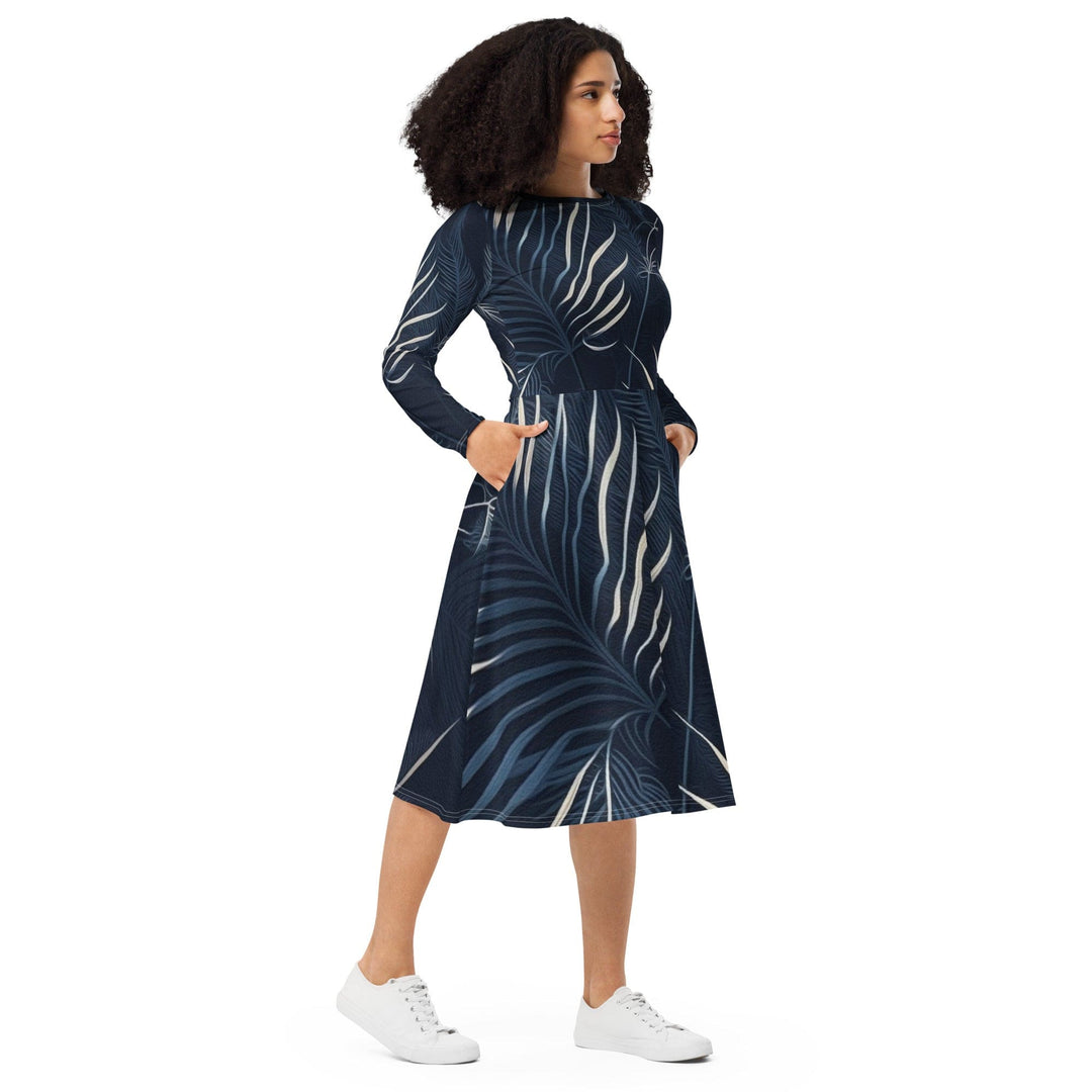 Womens Long Sleeve Midi Dress Blue White Palm Leaves - Womens | Dresses | MIDI