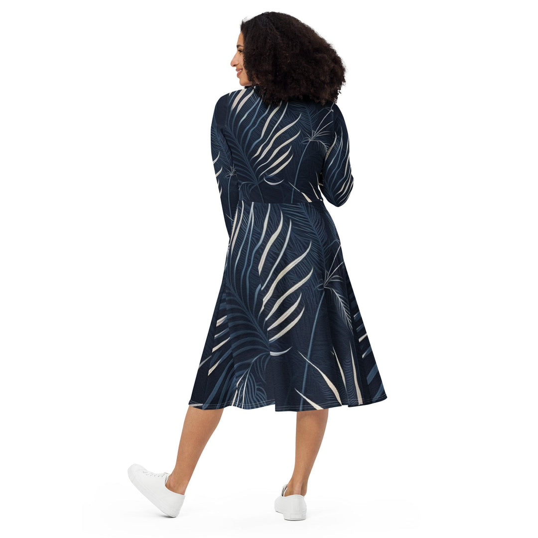 Womens Long Sleeve Midi Dress Blue White Palm Leaves - Womens | Dresses | MIDI