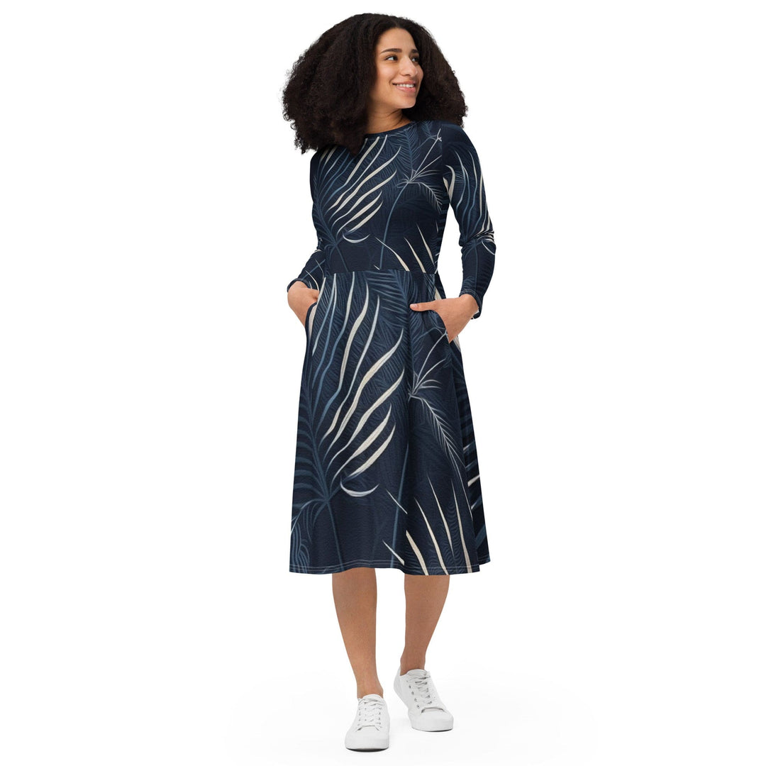 Womens Long Sleeve Midi Dress Blue White Palm Leaves - Womens | Dresses | MIDI