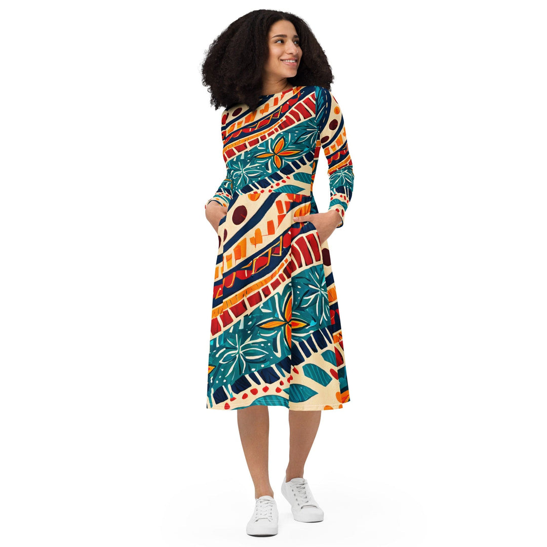 Womens Long Sleeve Midi Dress Boho Floral Print - Womens | Dresses | MIDI | AOP