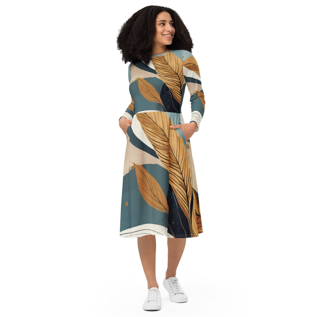 Womens Long Sleeve Midi Dress Boho Style Print 2 - Womens | Dresses | MIDI | AOP