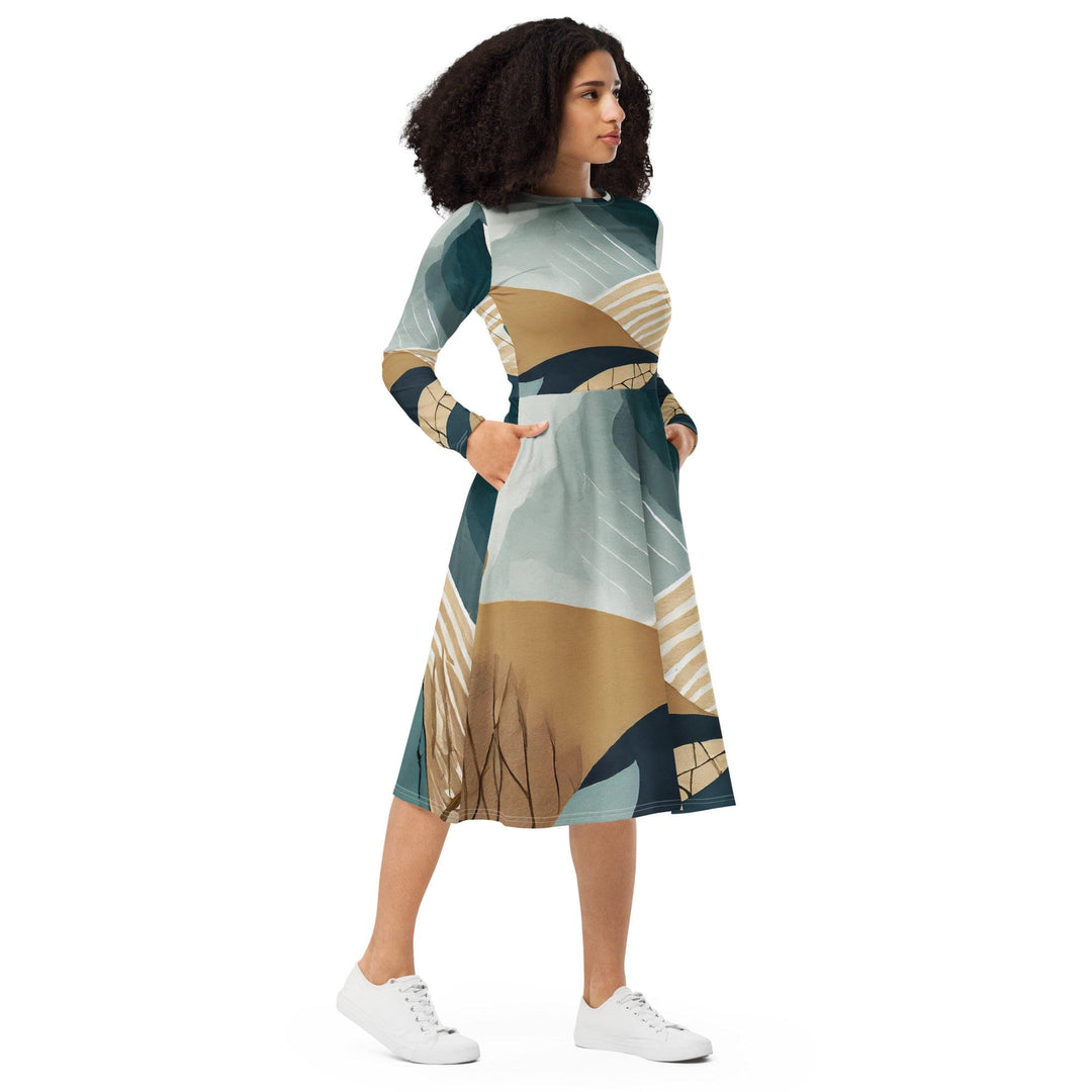 Womens Long Sleeve Midi Dress Boho Style Print 3 - Womens | Dresses | MIDI | AOP