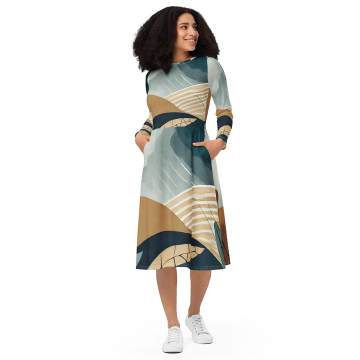 Womens Long Sleeve Midi Dress Boho Style Print 3 - Womens | Dresses | MIDI | AOP