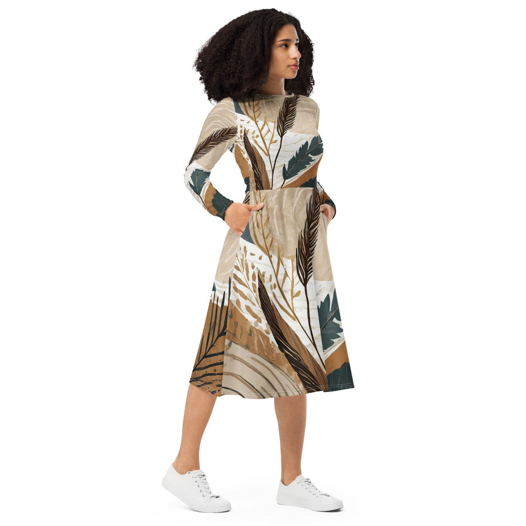 Womens Long Sleeve Midi Dress - Boho Style Print - Womens/Dresses/MIDI/AOP