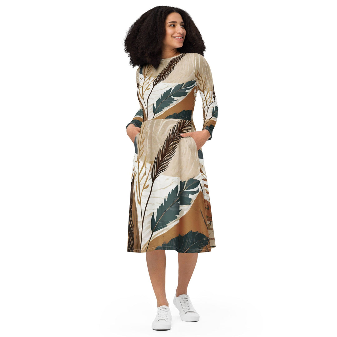 Womens Long Sleeve Midi Dress - Boho Style Print - Womens/Dresses/MIDI/AOP