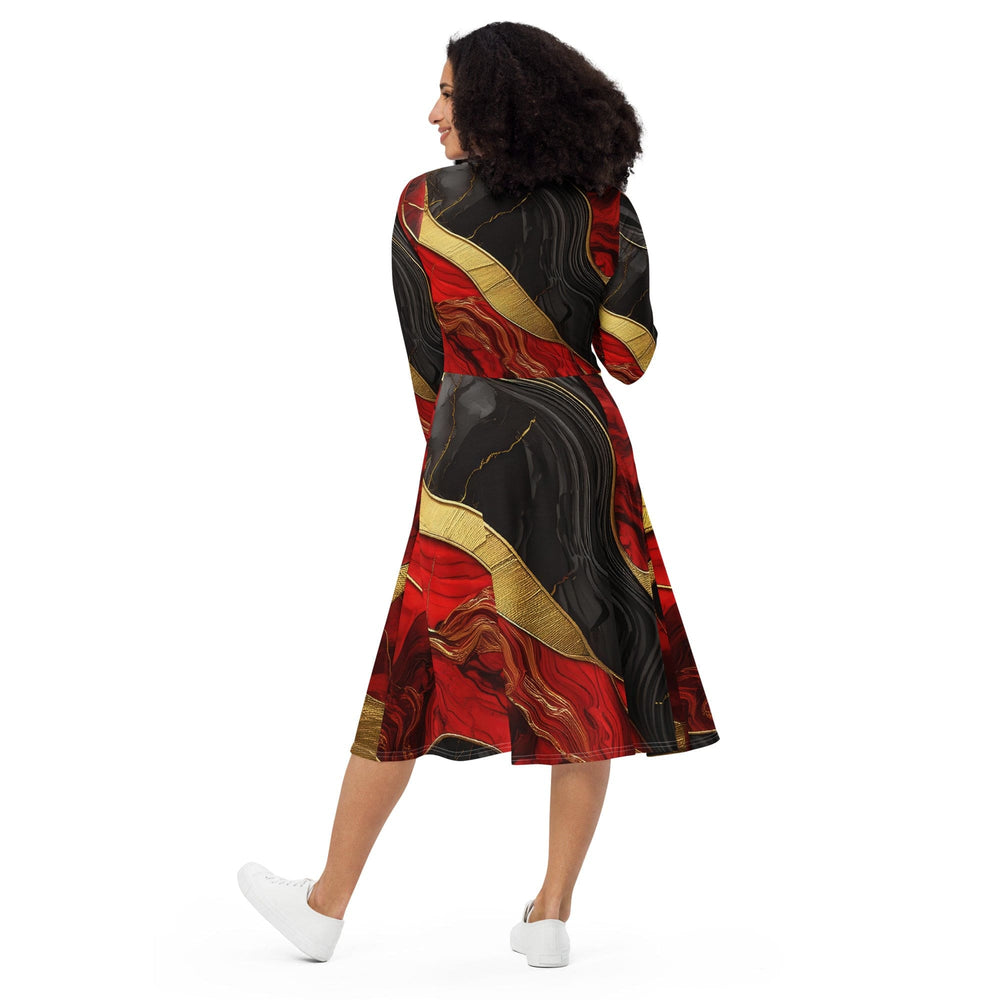 Womens Long Sleeve Midi Dress Bold Red Gold Tones Print - Womens | Dresses