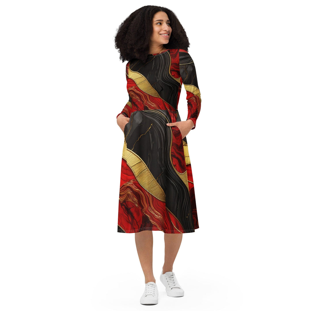 Womens Long Sleeve Midi Dress Bold Red Gold Tones Print - Womens | Dresses