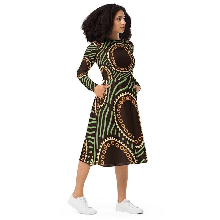 Womens Long Sleeve Midi Dress Brown Green Geometric Lines - Womens | Dresses