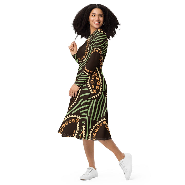 Womens Long Sleeve Midi Dress Brown Green Geometric Lines - Womens | Dresses