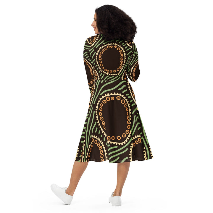 Womens Long Sleeve Midi Dress Brown Green Geometric Lines - Womens | Dresses