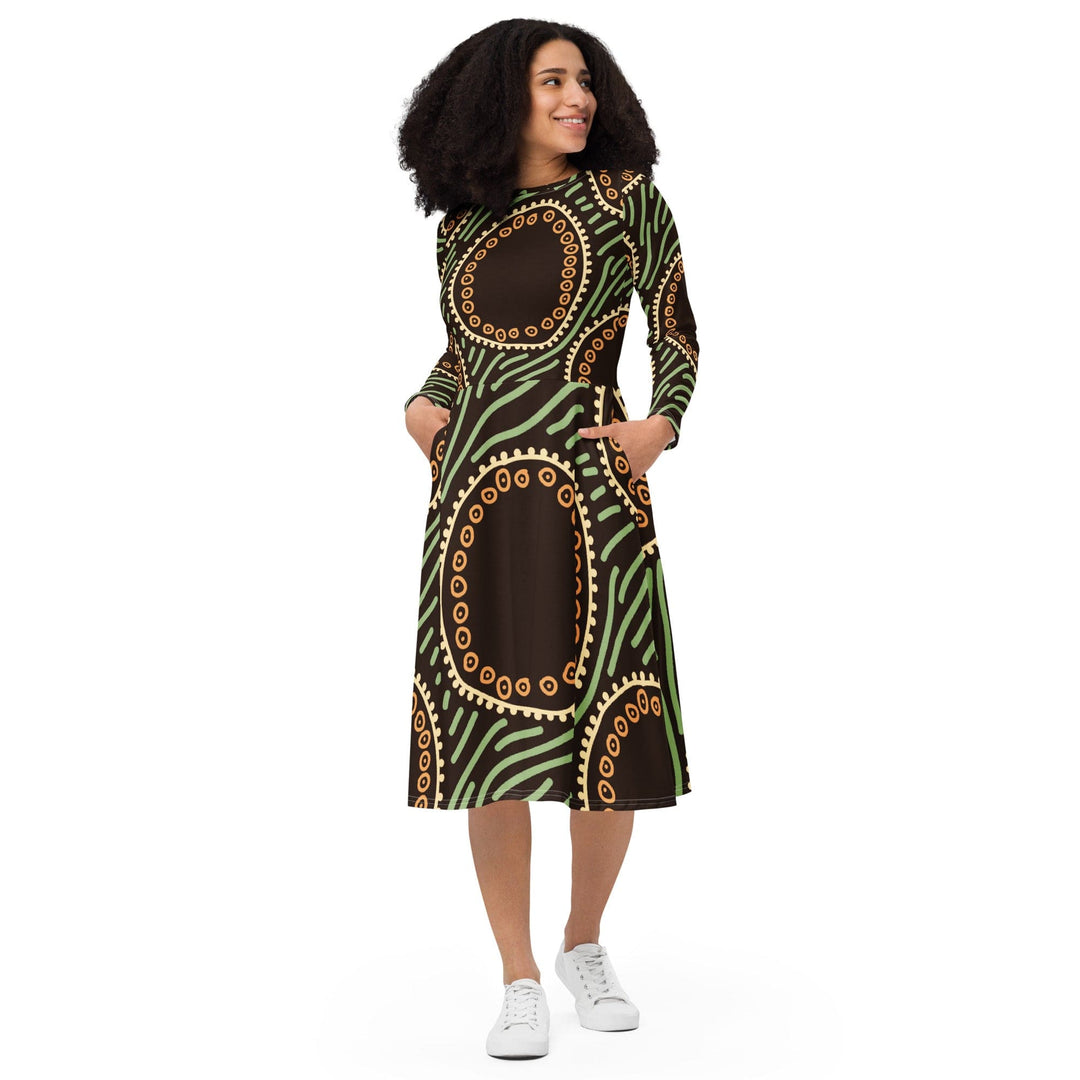 Womens Long Sleeve Midi Dress Brown Green Geometric Lines - Womens | Dresses