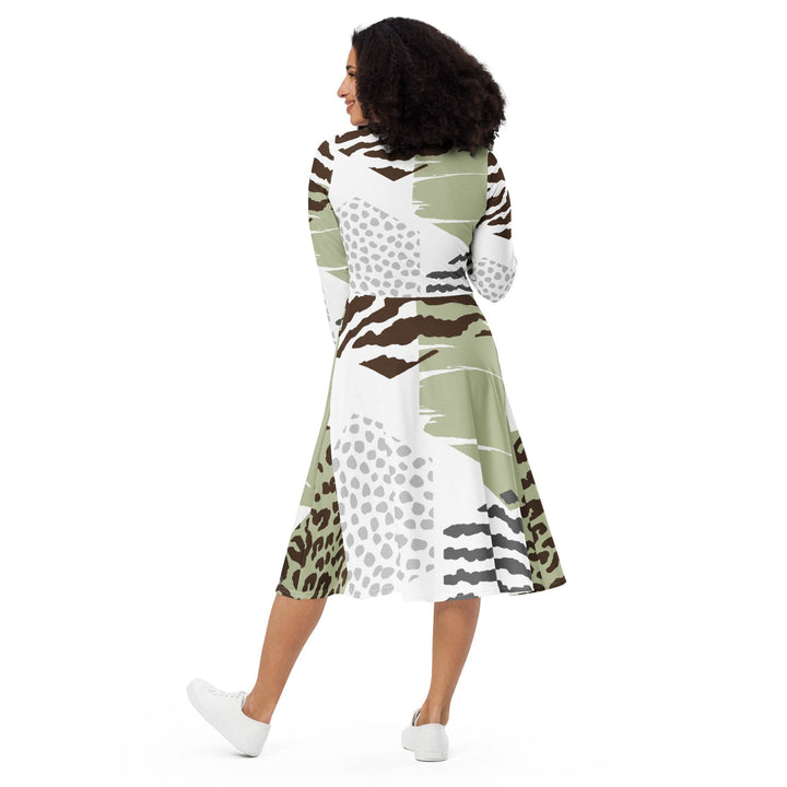 Womens Long Sleeve Midi Dress Brown Green Grey Geometric Hexagon - Womens