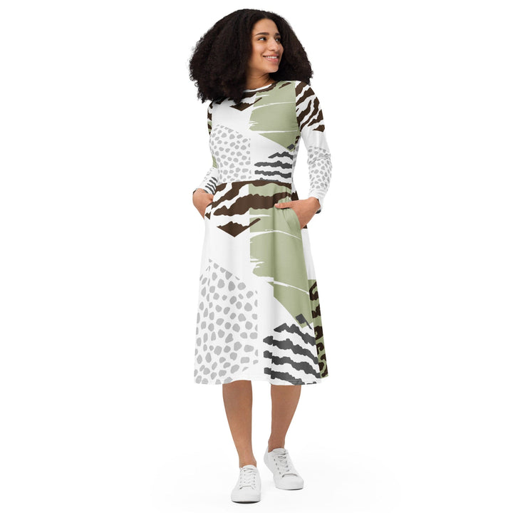 Womens Long Sleeve Midi Dress Brown Green Grey Geometric Hexagon - Womens