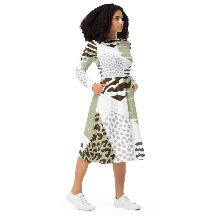 Womens Long Sleeve Midi Dress Brown Green Grey Geometric Hexagon - Womens