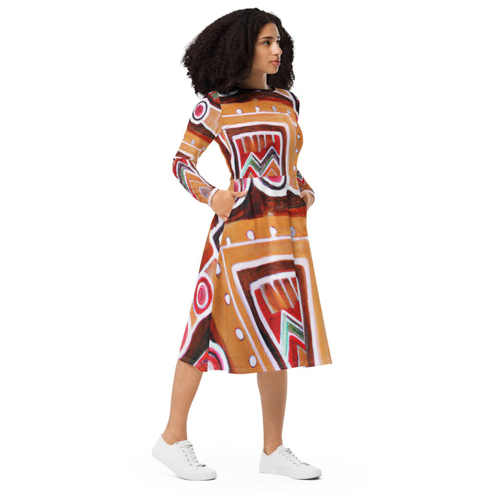 Womens Long Sleeve Midi Dress - Brown Orange Green Aztec Pattern