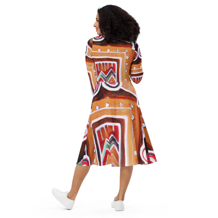 Womens Long Sleeve Midi Dress - Brown Orange Green Aztec Pattern