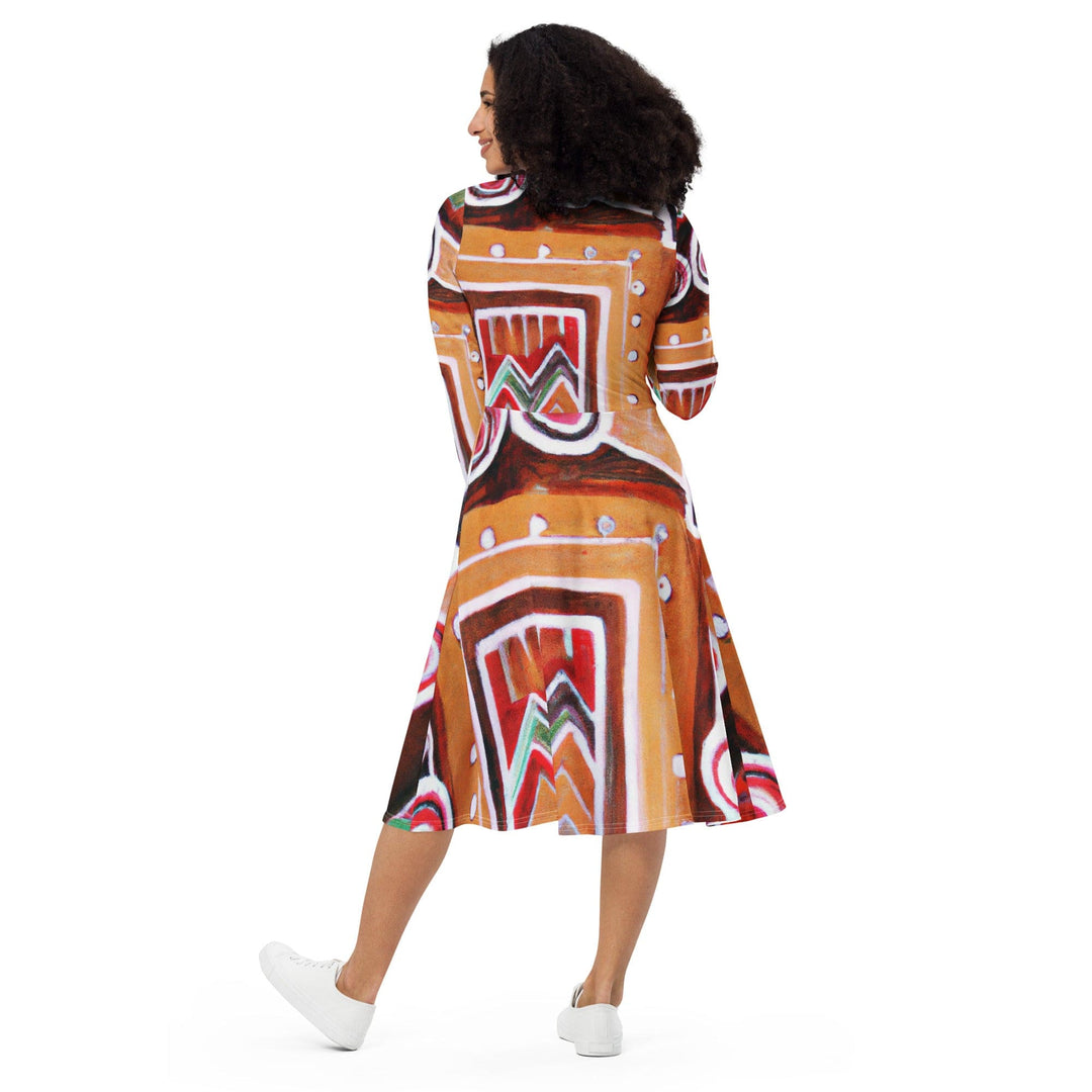 Womens Long Sleeve Midi Dress - Brown Orange Green Aztec Pattern