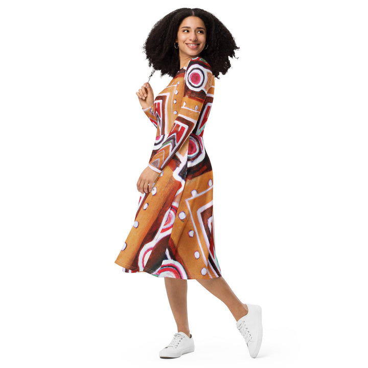 Womens Long Sleeve Midi Dress - Brown Orange Green Aztec Pattern
