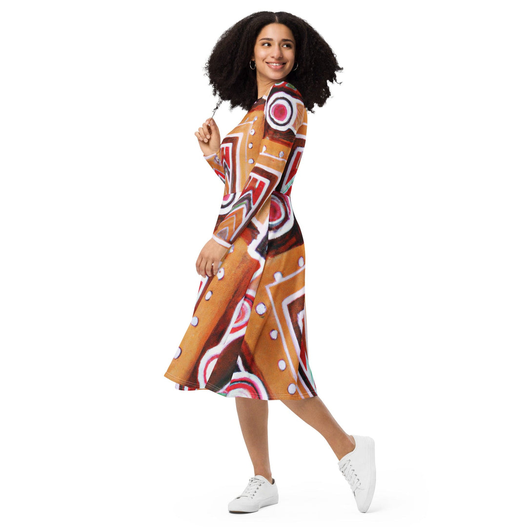 Womens Long Sleeve Midi Dress - Brown Orange Green Aztec Pattern