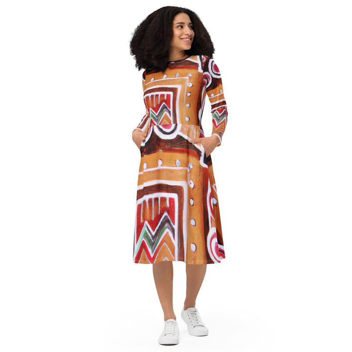 Womens Long Sleeve Midi Dress - Brown Orange Green Aztec Pattern