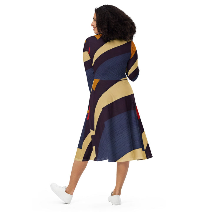 Womens Long Sleeve Midi Dress Brown Red Blue Colorblock Lines - Womens