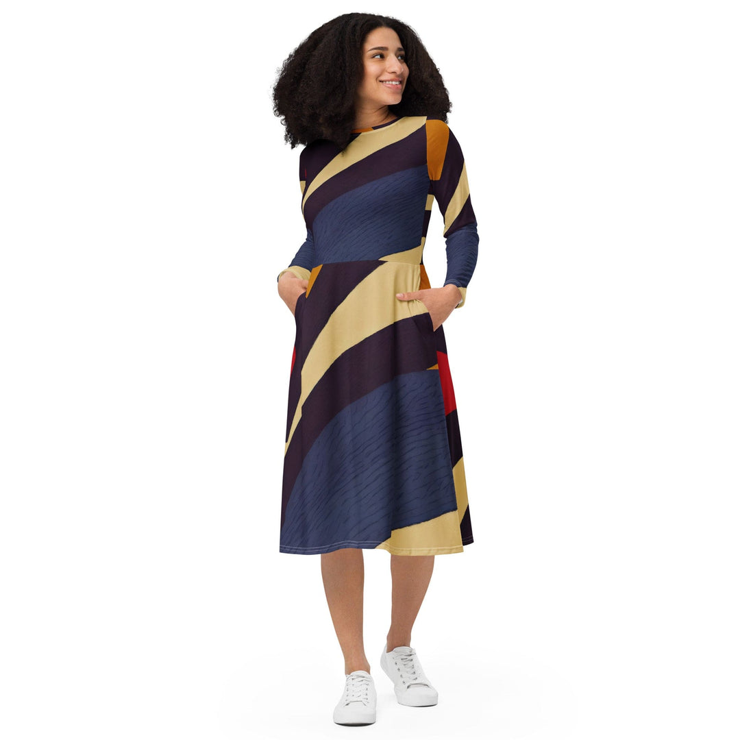 Womens Long Sleeve Midi Dress Brown Red Blue Colorblock Lines - Womens