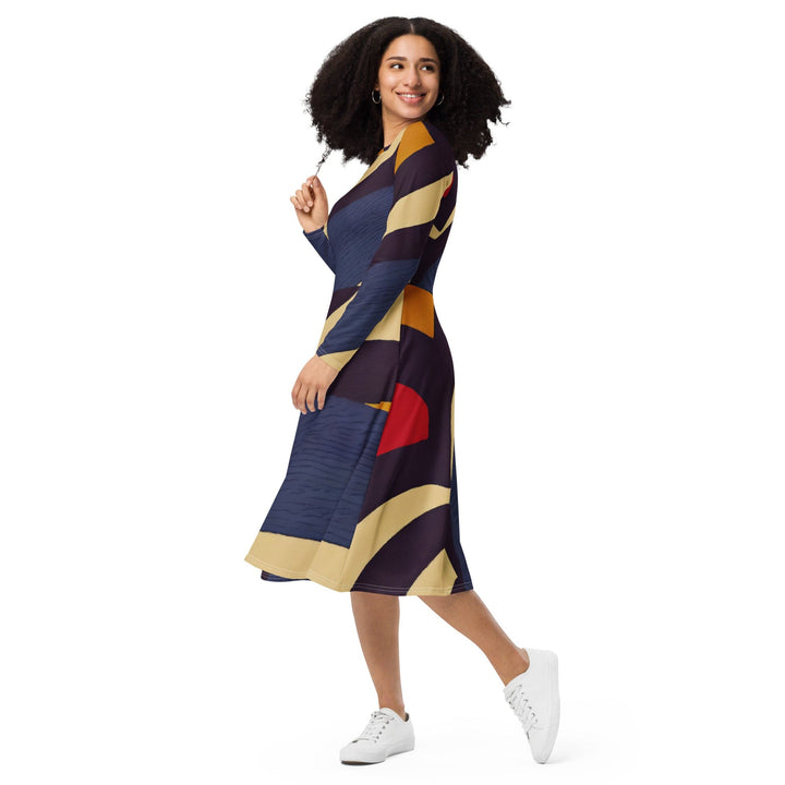 Womens Long Sleeve Midi Dress Brown Red Blue Colorblock Lines - Womens