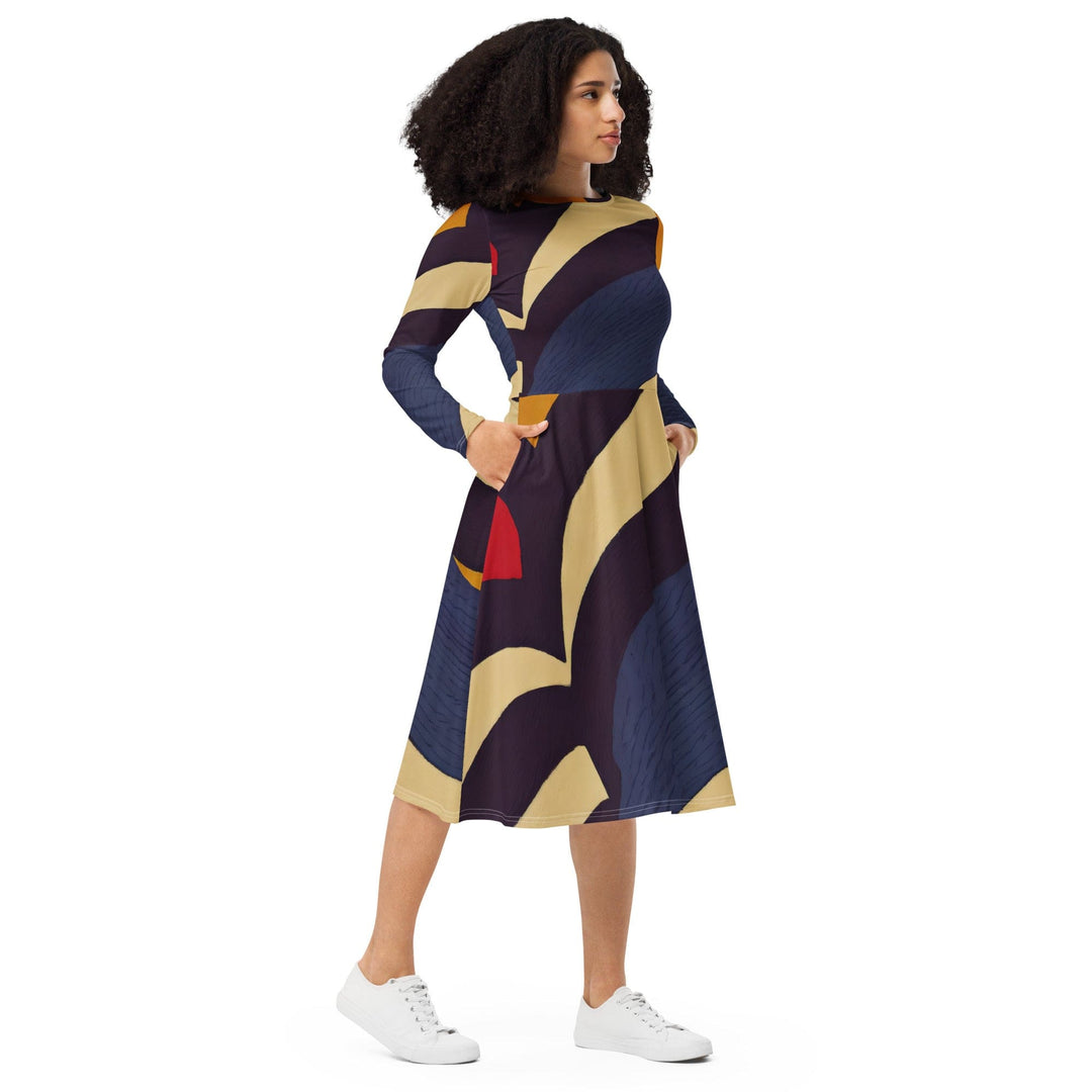 Womens Long Sleeve Midi Dress Brown Red Blue Colorblock Lines - Womens