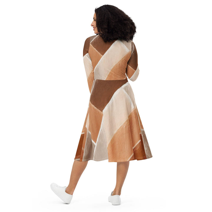 Womens Long Sleeve Midi Dress - Brown Rustic Watercolors Print