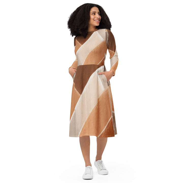 Womens Long Sleeve Midi Dress - Brown Rustic Watercolors Print