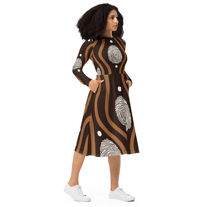 Womens Long Sleeve Midi Dress - Brown White Geometric Lines