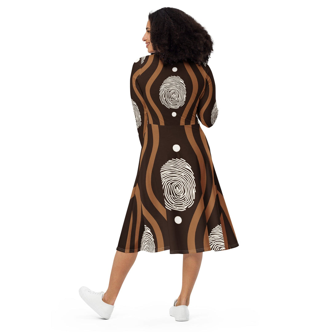 Womens Long Sleeve Midi Dress - Brown White Geometric Lines