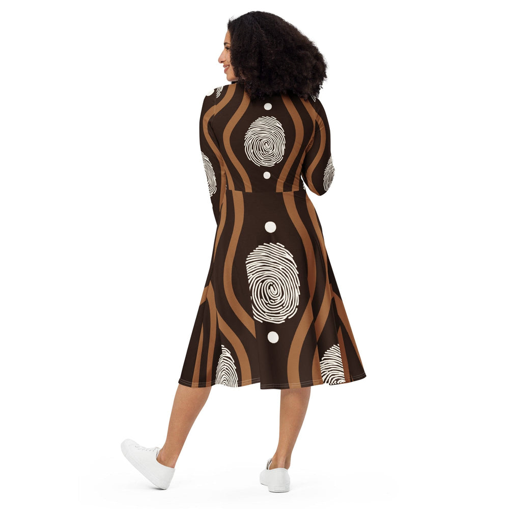 Womens Long Sleeve Midi Dress Brown White Geometric Lines - Womens | Dresses