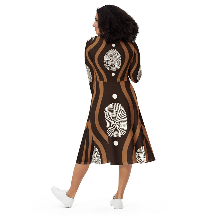 Womens Long Sleeve Midi Dress - Brown White Geometric Lines