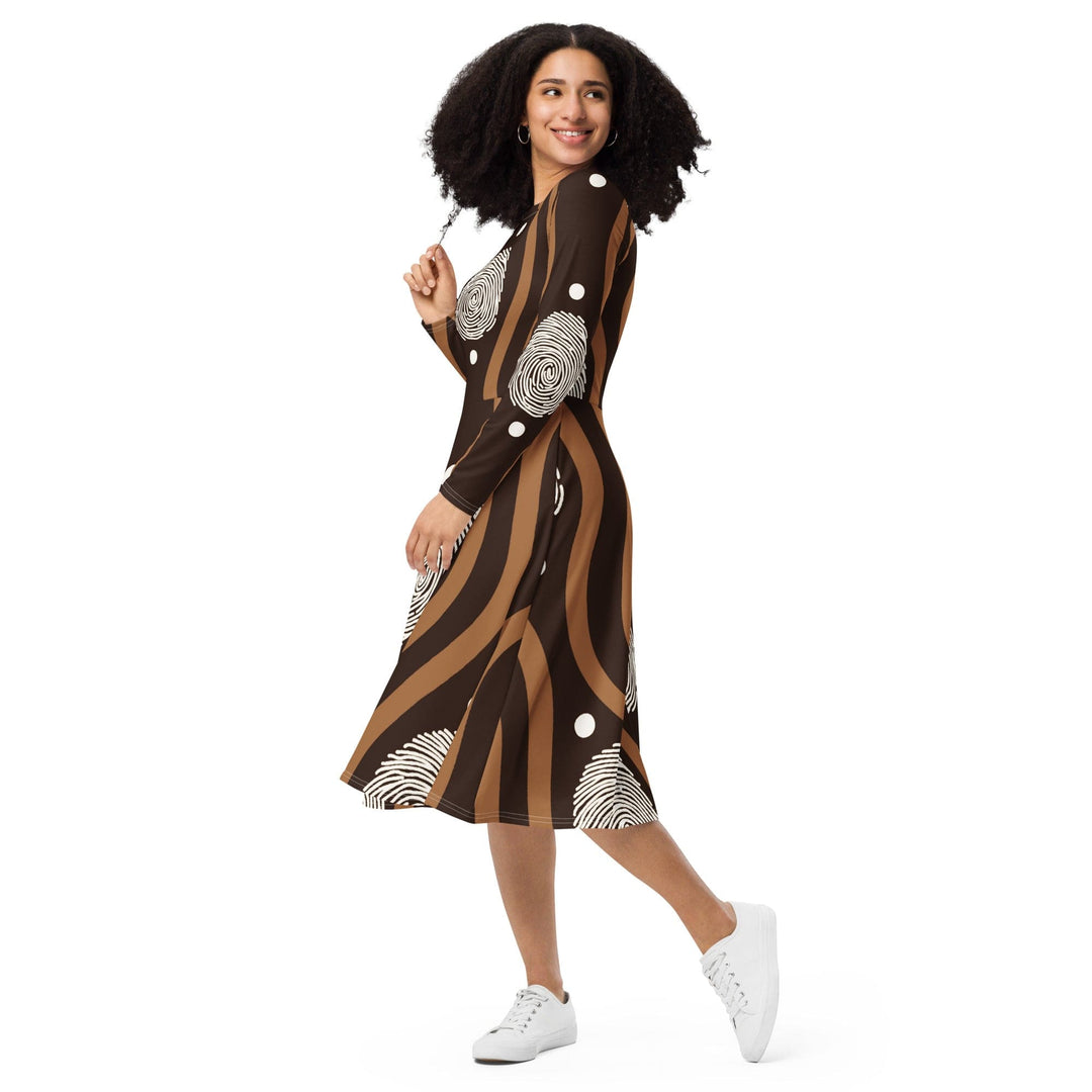 Womens Long Sleeve Midi Dress - Brown White Geometric Lines