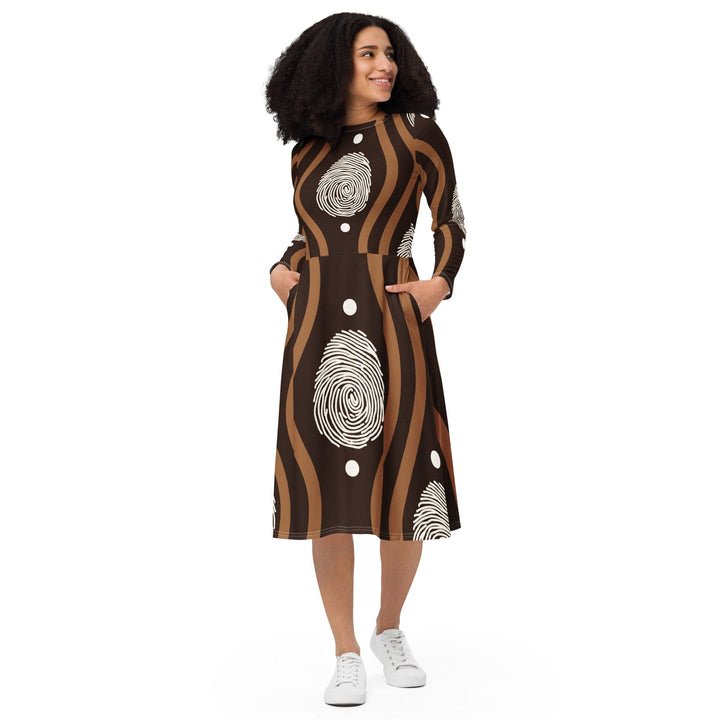 Womens Long Sleeve Midi Dress - Brown White Geometric Lines