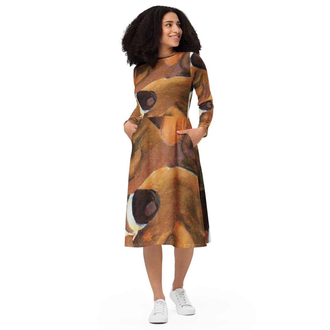 Womens Long Sleeve Midi Dress Brown White Stone Pattern - Womens | Dresses