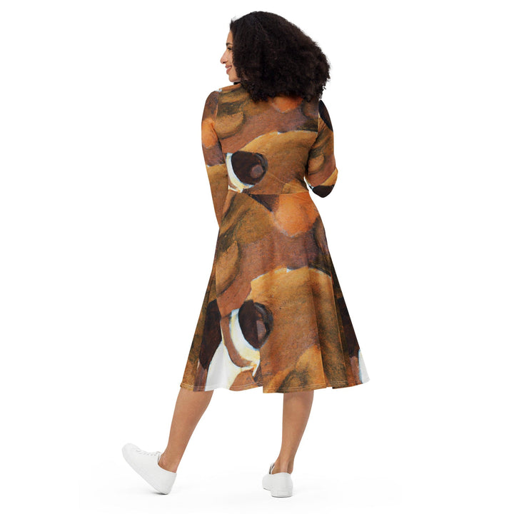 Womens Long Sleeve Midi Dress Brown White Stone Pattern - Womens | Dresses