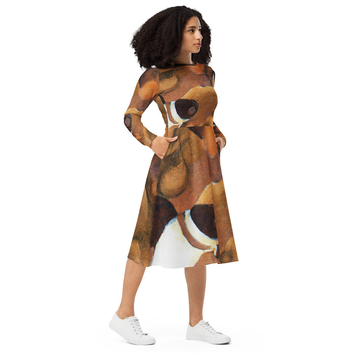 Womens Long Sleeve Midi Dress Brown White Stone Pattern - Womens | Dresses