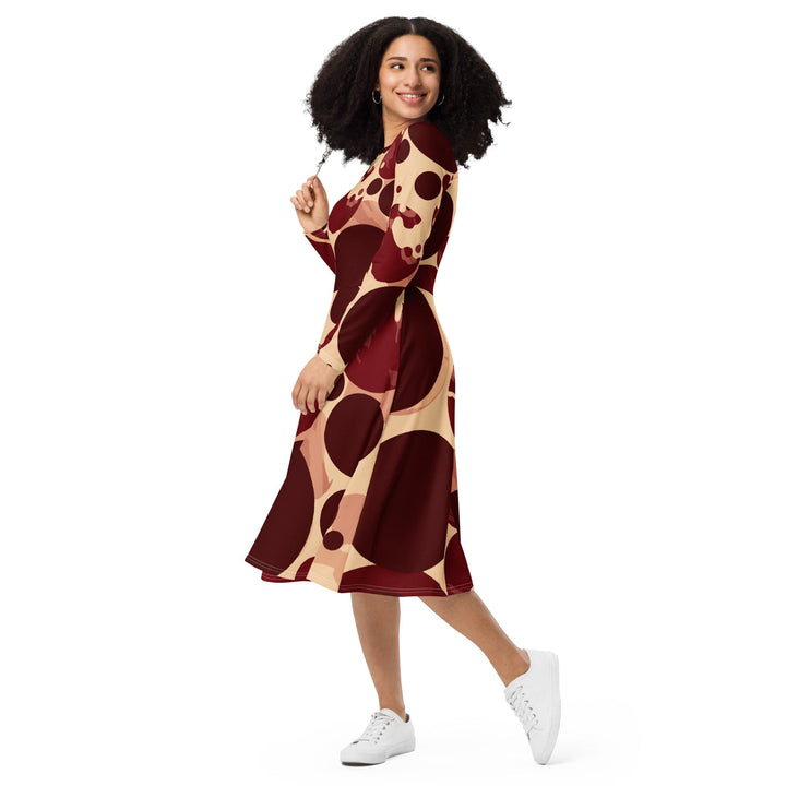 Womens Long Sleeve Midi Dress Burgundy Beige Circular Print - Womens | Dresses