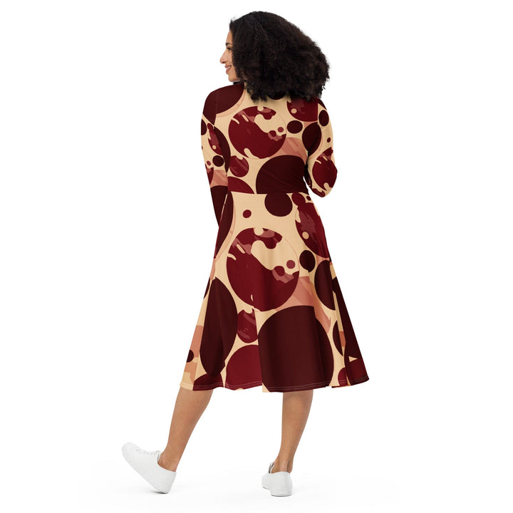 Womens Long Sleeve Midi Dress Burgundy Beige Circular Print - Womens | Dresses